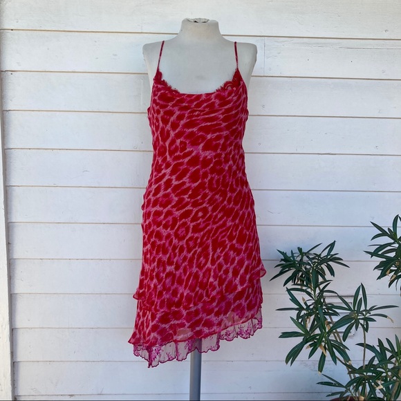 Vintage Betsey Johnson 90s 2000s Midi Animal Print silk asymmetrical red pink - Picture 14 of 16